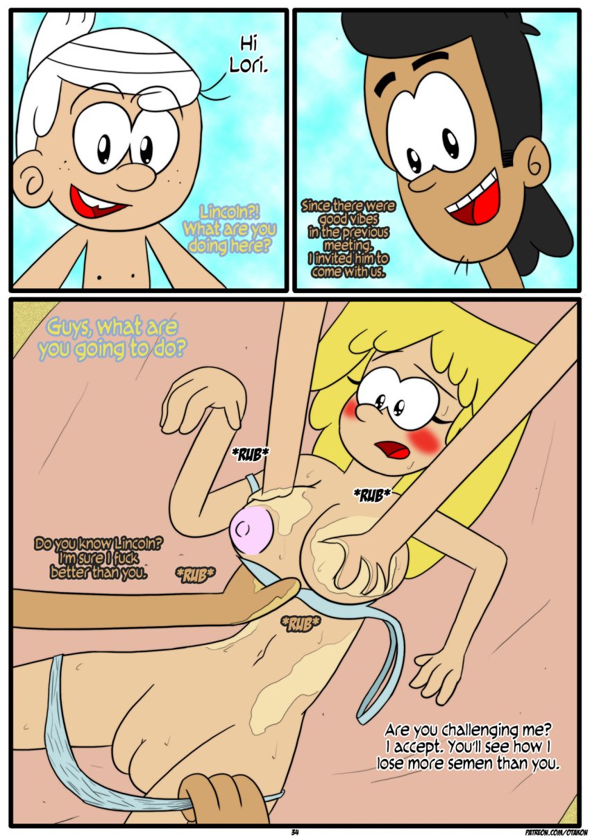 big_breasts blonde_hair blush bobby_santiago brother_and_sister comic english_text groping_breasts incest latino lincoln_loud lori_loud lying_on_back older_sister otakon page_34 pussy sunscreen swimsuit the_loud_house younger_brother