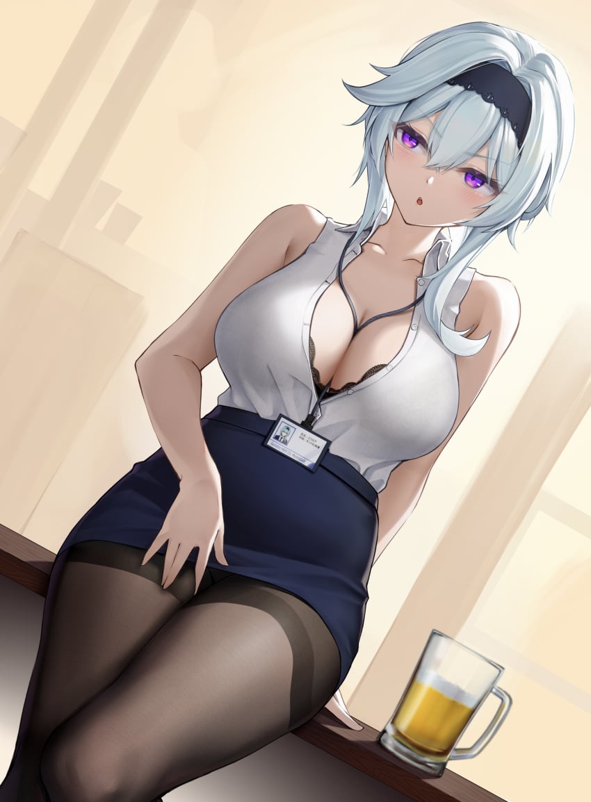 1girls alcohol beer big_breasts black_bra blouse blue_hair blush bra breasts busty cleavage clothing drunk eula_(genshin_impact) eyelashes eyeliner female female_only genshin_impact hi_res human id_card lanyard large_breasts lingerie long_hair looking_at_viewer makeup neckwear office_lady pantyhose pencil_skirt see-through shirt skirt sleeveless teasing terebi_(shimizu1996) thick_thighs thighs unbuttoned_shirt