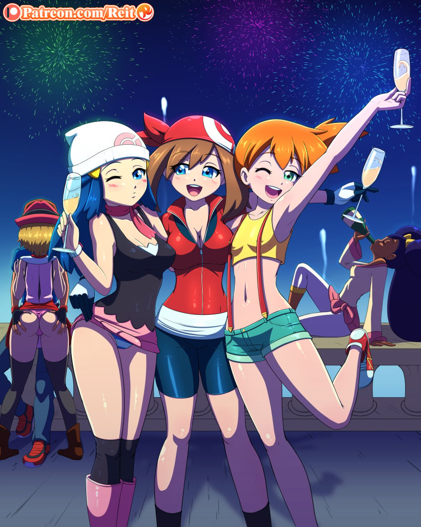 1boy 5girls ;) alcohol armpits ass ass_grab assisted_exposure black_legwear black_thighhighs blue_eyes blue_hair blush breasts brown_hair champagne cleavage clothes_pull clothing dark-skinned_female dark_skin dawn_(pokemon) drinking drunk erect_nipples erect_nipples_under_clothes female female_focus fireworks green_eyes green_shorts groping harem hat headwear high_resolution human human_only iris_(pokemon) kasumi_(pokemon) kissing kneepits large_breasts large_filesize legwear looking_at_viewer male may_(pokemon) medium_breasts midriff misty_(pokemon) multiple_girls navel new_year night nintendo nipples one_eye_closed orange_hair pantsu party pokemon pokemon_(anime) reit satoshi_(pokemon) serena_(pokemon) shorts skirt skirt_lift skirt_pull sky small_breasts spats suspenders thighhighs thong underwear very_high_resolution wink