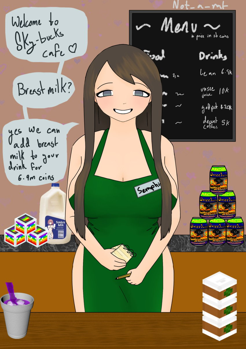 apron apron_only big_breasts hypixel hypixel_skyblock minecraft not_a_rat seraphine_(hypixel_skyblock) starbucks