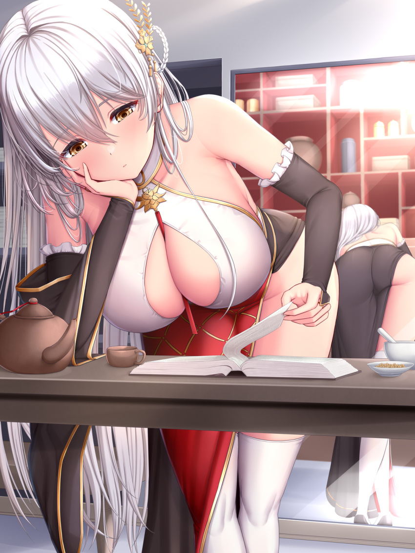 1girls ass azur_lane bangs bare_shoulders bent_over big_breasts blush breasts brown_hair detached_sleeves female hair_between_eyes hair_ornament hermione_(azur_lane) highres indoors large_breasts long_hair melopun mirror solo white_hair yellow_eyes