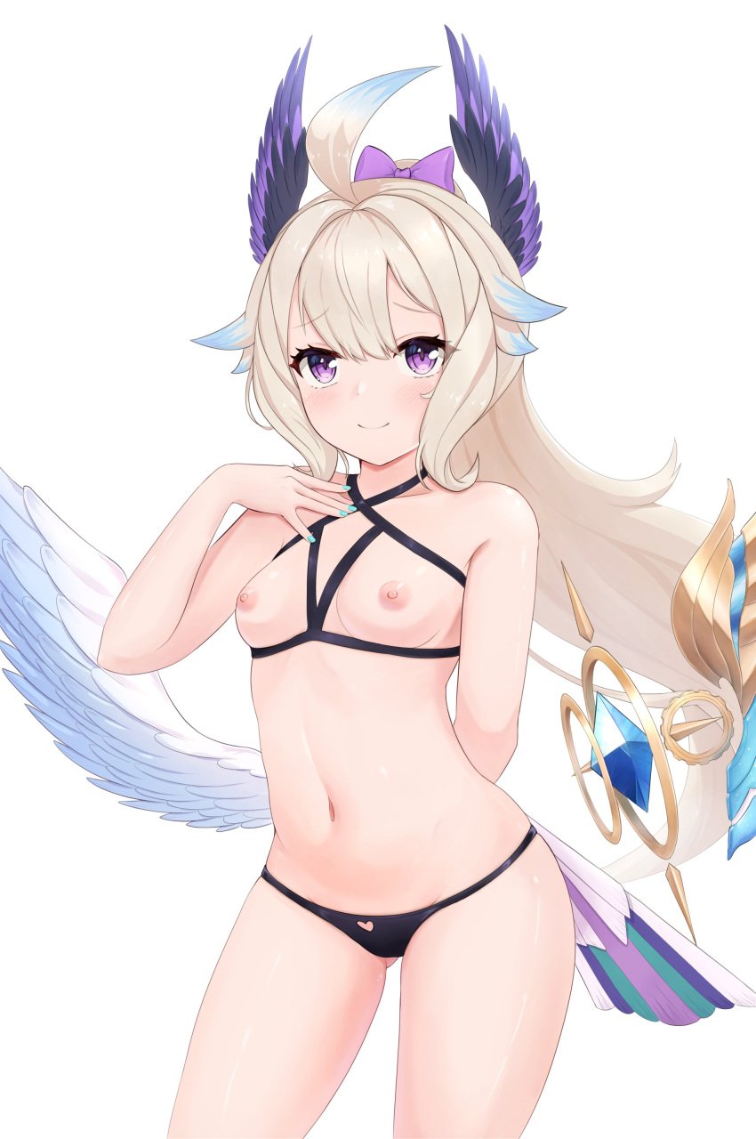 angel_wings belly belly_button bowtie breasts_out enna_alouette hip_wings nijisanji nijisanji_en purple_eyes small_breasts telomere topless tummy virtual_youtuber white_hair wings