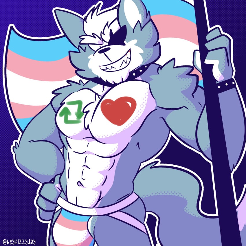 2022 abs anthro big_bulge big_muscles blue_background bodypaint bracelet bulge canid canine canis clothing collar eye_patch eyebrows eyewear fizzyjay flag fur hair hand_on_hip heart hi_res holding_flag holding_object jewelry jockstrap lgbt_pride looking_at_viewer male male_only mammal muscular muscular_anthro muscular_male navel nintendo obliques pecs pride_color_clothing pride_color_underwear pride_colors retweet simple_background smile solo standing star_fox teeth text transgender_pride_colors tuft twitter underwear url video_games wolf wolf_o'donnell