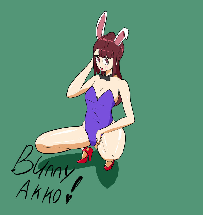 akko_kagari bowtie brown_hair bunny_ears bunnysuit cleavage freesphinx high_heels large_breasts leotard lipstick little_witch_academia looking_at_viewer ponytail red_eyes red_heels red_high_heels squatting text thick_thighs