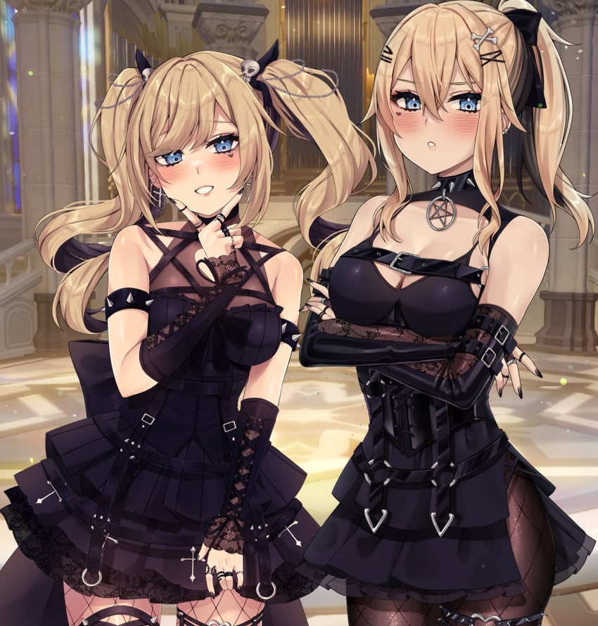 2girls barbara_(genshin_impact) bare_shoulders black_dress blonde_hair blue_eyes blush breasts cleavage clothed collar cross crossed_arms dress duo ear_piercing earrings female female_only fishnet_legwear fishnets genshin_impact goth goth_girl gothified hair_between_eyes hairclip heart_marking hi_res human indoors jean_gunnhildr jewelry looking_at_viewer nail_polish nun pantyhose pentagram ponytail ring sisters skull skull_hair_ornament smile spiked_armlet spiked_collar spikes teenager twintails v vitaminechan