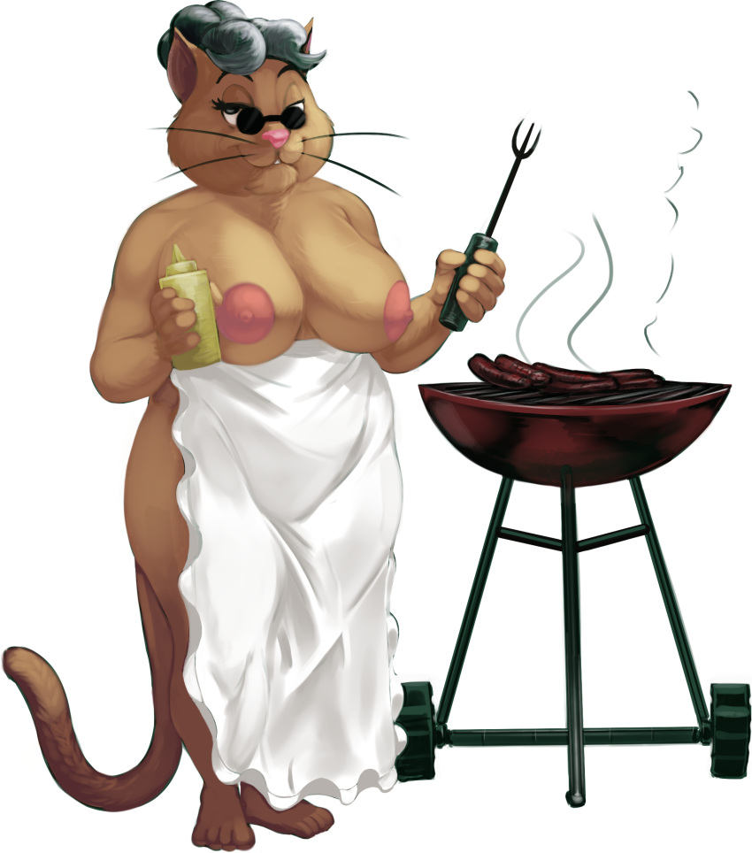 anthro apron apron_only aunt_polly barefoot big_breasts breasts clothed clothing dbaru domestic_cat eyewear feet felid feline felis female food glasses grill hi_res holding_object i_just_wanna_grill_for_god's_sake looking_at_viewer mammal mature_anthro mature_female meme mostly_nude solo tagme tom_sawyer_(2000_film) topless topless_anthro topless_female