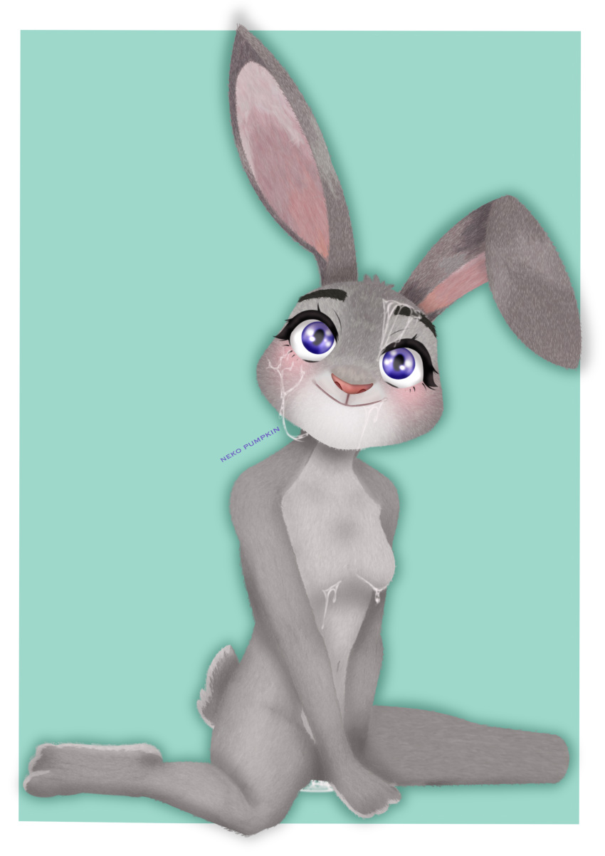 absurd_res anthro barechested blush bodily_fluids cum cum_on_chest cum_on_face cum_on_ground disney eyelashes feet female fur furry genital_fluids grey_body grey_fur hi_res judy_hopps lagomorph leporid looking_at_viewer mammal navel nekopumpkin nude paws purple_eyes rabbit scut_tail short_tail small_breasts smile solo zootopia