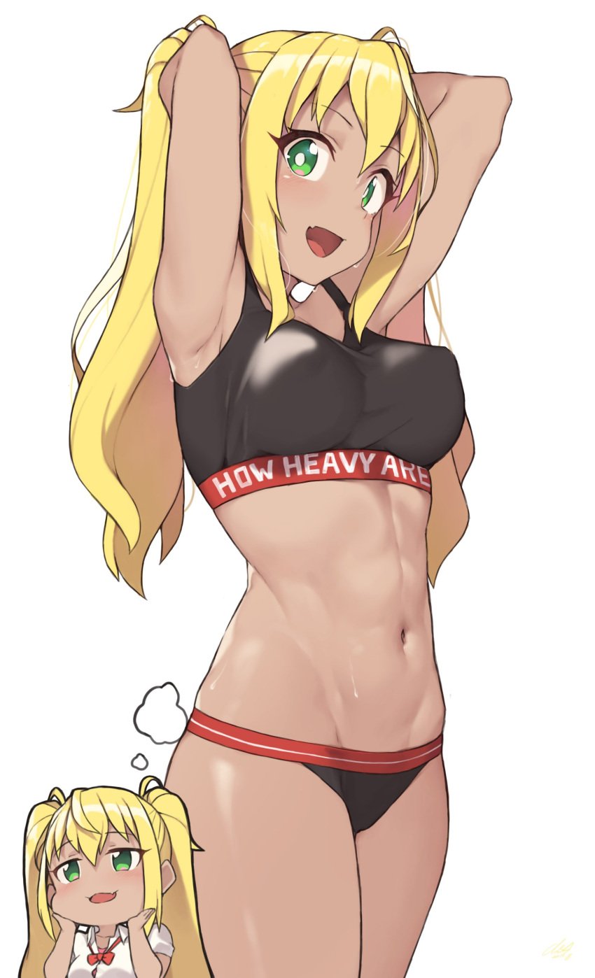 1girls :d absurdres armpits arms_behind_head arms_up bad_id bad_twitter_id bare_arms bare_shoulders blonde_hair blush bow bowtie breasts cloba collared_shirt color colored copyright_name covered_nipples cowboy_shot dark-skinned_female dark_skin dreaming dumbbell_nan_kilo_moteru? female female_only flesh_fang green_eyes groin gyaru hands_on_own_cheeks hands_on_own_face highres human human_only inactive_account large_breasts long_hair looking_at_viewer mouth_open navel oerba_yun_fang only_female open_mouth ponytails sakura_hibiki_(dumbbell_nan_kilo_moteru?) shirt simple_background skin_fang smile solid_color_background solo_female solo_focus sports_bra stomach sweat tan_skin tanned tanned_female tanned_girl tanned_skin thighs tied_hair twintails white_background white_shirt yellow_hair