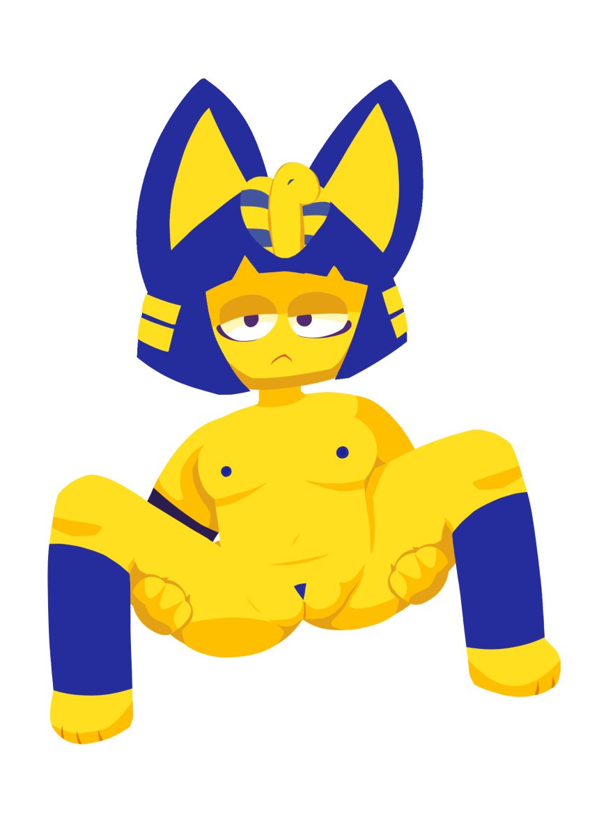 1girls 2022 animal_crossing ankha ankha_(animal_crossing) anthro ass blue_hair breasts breasts_out cat_humanoid egyptian eyes_half_open female_only legs_apart lineless_art nintendo nipples posing pussy source_request staring_at_viewer vagina yellow_fur