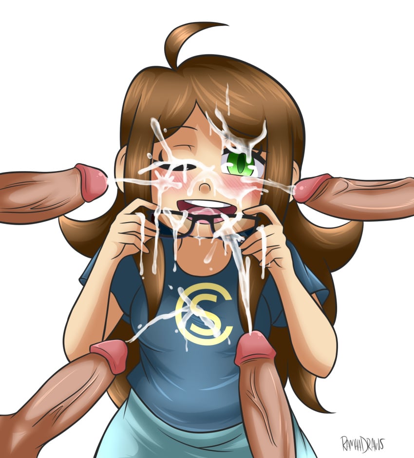 brown_hair bukkake cum cum_on_clothes cum_on_face cum_on_glasses cum_on_upper_body fully_clothed glasses green_eyes ramahdraws scomicmaker youtube youtuber youtuber_girl