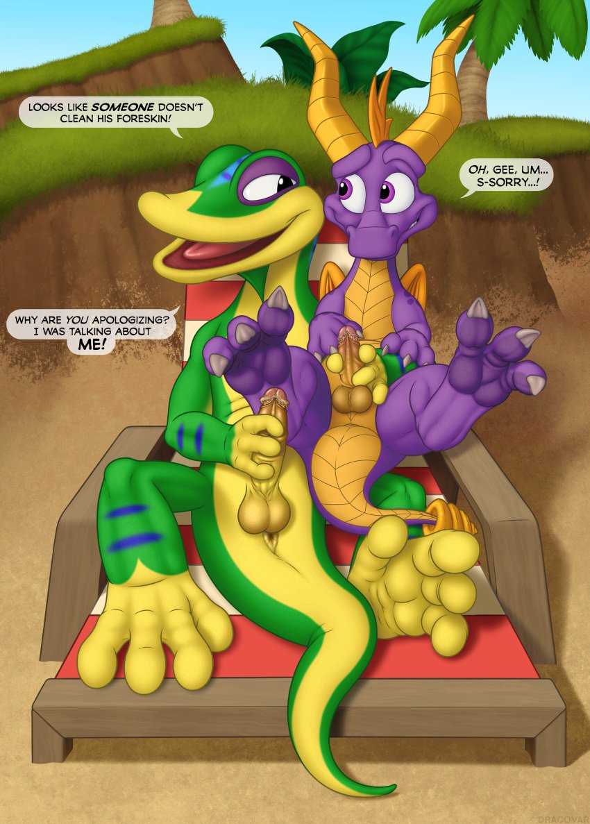 2020s 2022 absurd_res activision anthro anus balls beach chair crossover dialogue digital_media_(artwork) dracovar_valeford dragon duo embarrassed embrace english_text feet feral foreskin furniture gecko genitals gex_(series) gex_the_gecko glans glistening glistening_genitalia glistening_penis grin hi_res holding_penis horn hug lizard looking_at_another lying male male/male male_only masturbation mutual_masturbation nude on_back outside paws penis plant reptile retracted_foreskin scalie seaside smegma smile spread_legs spread_toes spreading spyro spyro_the_dragon text toes tree video_games wings zoophilia