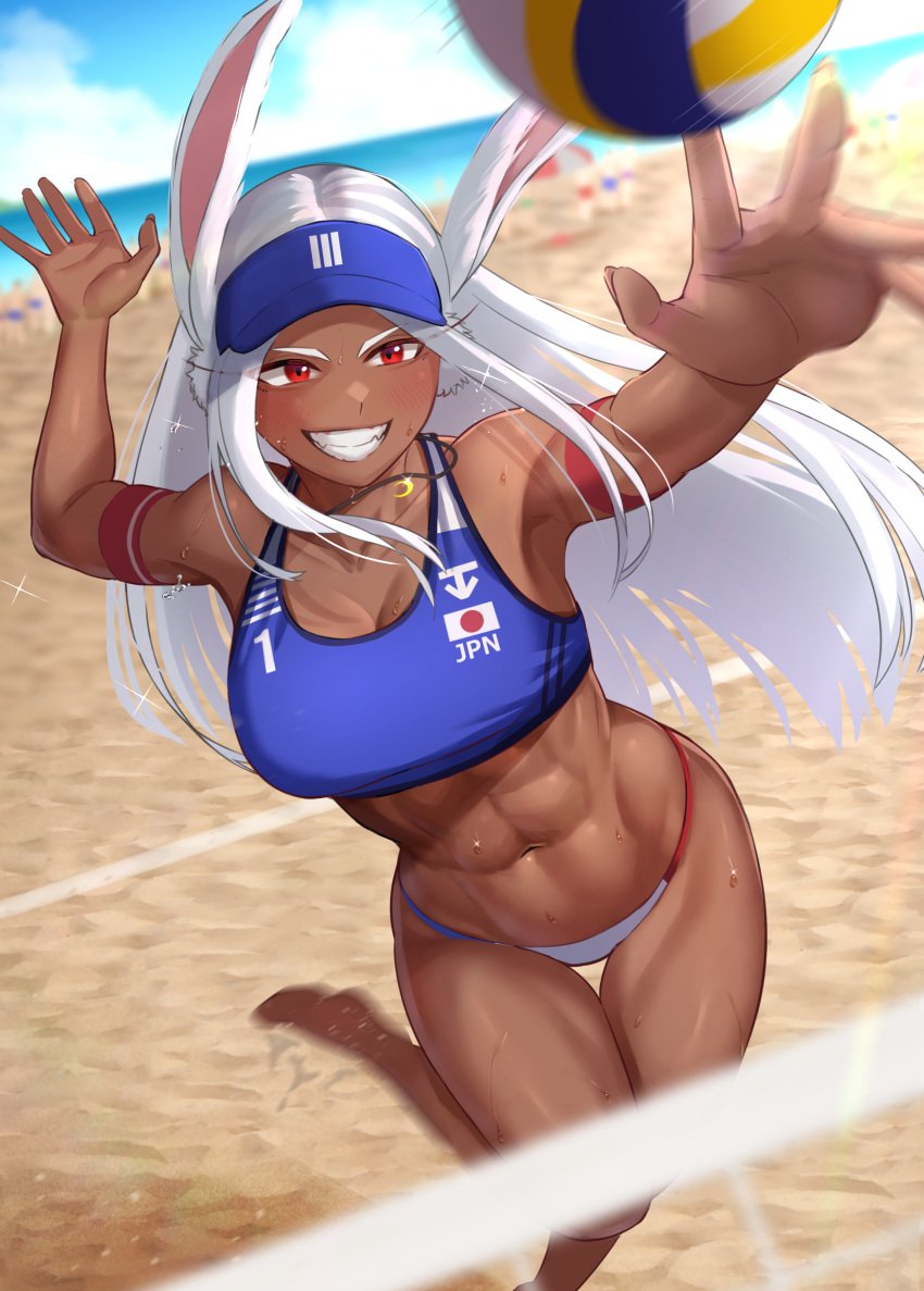 1girls abs absurd_res athletic athletic_female ball beach bunny_ears dark-skinned_female dark_skin female female_only fully_clothed grin jumping long_hair miruko muscular muscular_female my_hero_academia navel red_eyes rumi_usagiyama smile solo sports_bra toin_(iitoin) toned toned_female visor_cap volleyball volleyball_uniform white_hair