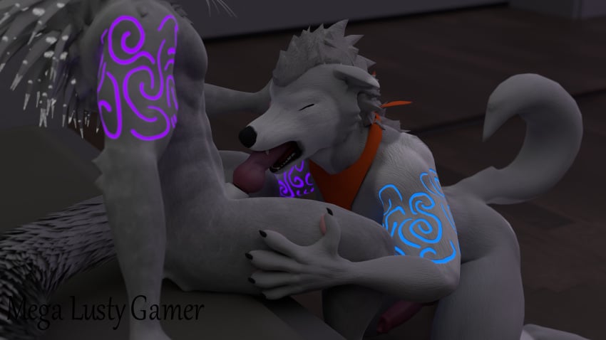 absurd_res animal_genitalia animal_genitals animal_penis anthro bandana bed bioluminescence blue_markings canid canine canine_genitalia canine_genitals canine_penis canis curled_tail domestic_dog duo fellatio fur furniture furry furry_only gag gagging genitals glowing glowing_markings grey_body grey_fur hand_on_head hand_on_leg hand_on_thigh hi_res huge_filesize husky kerchief knot male male/male male_only mammal markings megalustygamer noah-the-husker noah_(noah-the-husker) nordic_sled_dog oral penile penis purple_markings rexouium sex sheath signature spitz white_body white_fur