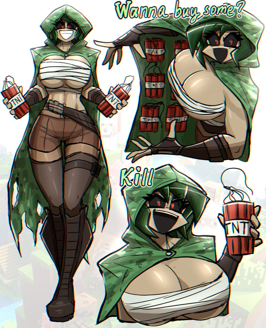 bandage big_breasts black_sclera boots breasts cape creeper creeper_girl cupa explosives green_hair green_hood hood huge_breasts minecraft no_sclera red_eyes selling shirtless shorts smile tagme tall text thick_thighs thighhighs thighs tnt underboob zzzhodazzz