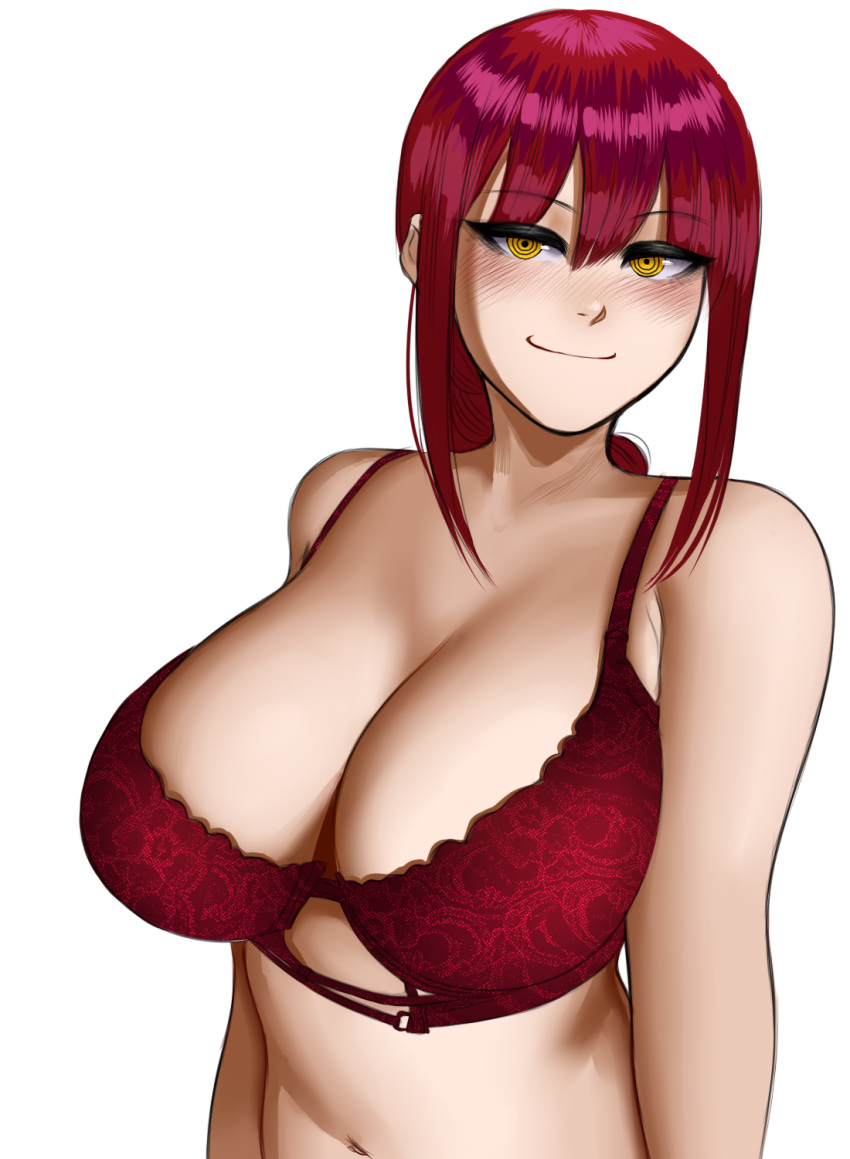 1girls bangs blush bra braided_ponytail breasts chainsaw_man cleavage female highres jiuukek large_breasts long_hair looking_at_viewer makima_(chainsaw_man) navel red_hair ringed_eyes simple_background single_braid smile smug solo upper_body white_background yellow_eyes