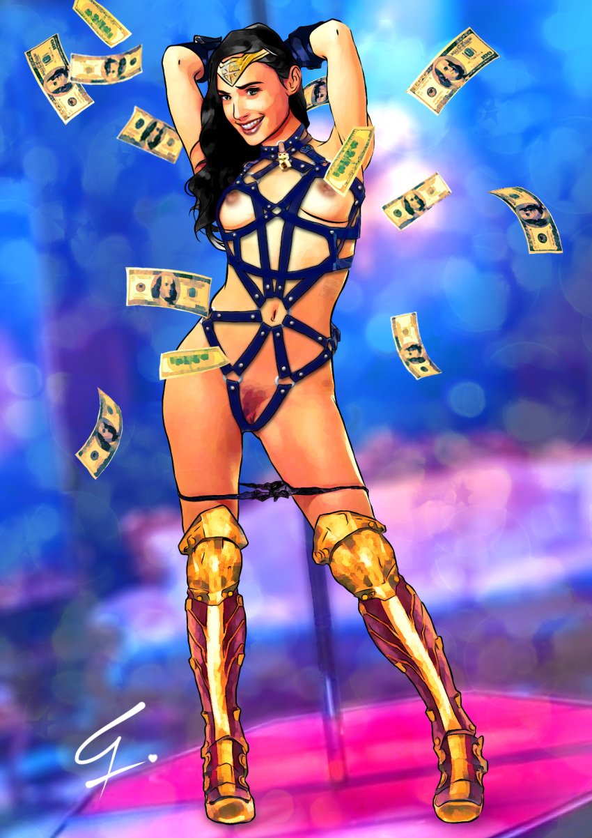 1girls bdsm_gear dc dc_comics dc_extended_universe diana_prince female female_only gal_gadot making_it_rain solo strip_club stripper stripper_pole wonder_woman wonder_woman_(series)