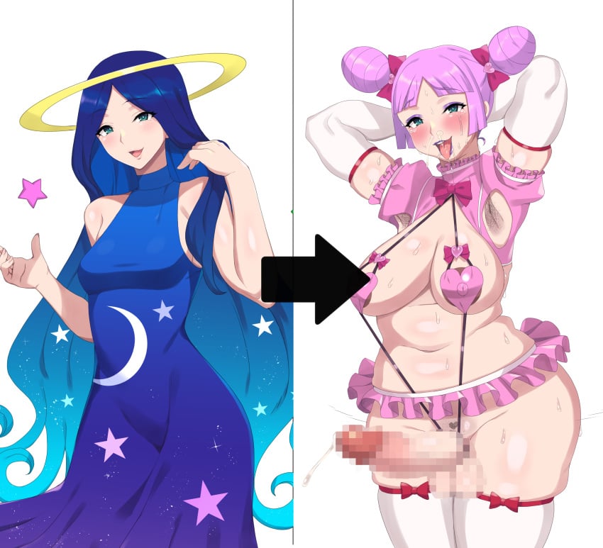 1futa 1girls areolae armpit_cutout armpit_hair armpits arms_behind_head ass_expansion balls before_and_after beltskirt bimbo bimbofication brain_drain breast_expansion breasts clothed clothing darkness_chaicha female fully_clothed futanari futanari_transformation growing_pubic_hair hair_color_change huge_breasts human light-skinned_female light-skinned_futanari light_skin lip_expansion navel nipples nude overweight overweight_futanari pale_skin penis plump sex_slave skindentation standing tagme thick_thighs thigh_expansion thighhighs weight_gain what why wide_hips