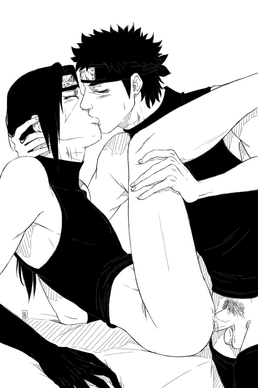 2boys anal anal_sex arm_gloves balls black_hair bottomless closed_eyes duo duo_focus gay genitals gloves kissing long_hair male male/male male_only male_penetrated male_penetrating male_penetrating_intersex monochrome multiple_boys naruto naruto_(series) naruto_shippuden penetration penis pubic_hair short_hair sleeveless sleeveless_shirt testicles uchiha_itachi uchiha_shisui unipandahamster04 yaoi