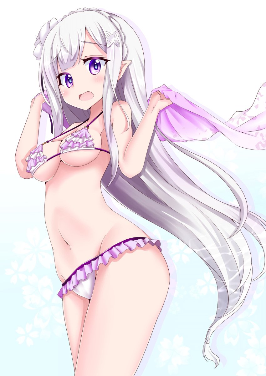 10s 1girls bikini blue_background blush breasts elf elf_ears elf_female emilia_(re:zero) eyebrows eyebrows_visible_through_hair flower frilled_bikini frills gradient gradient_background hair_flower hair_ornament highres long_hair looking_at_viewer medium_breasts minato_yoshihiro navel open_mouth pointy_ears purple_eyes pussy_outline re:zero_kara_hajimeru_isekai_seikatsu silver_hair solo solo_female swimsuit teenage_girl teenager very_long_hair white_background