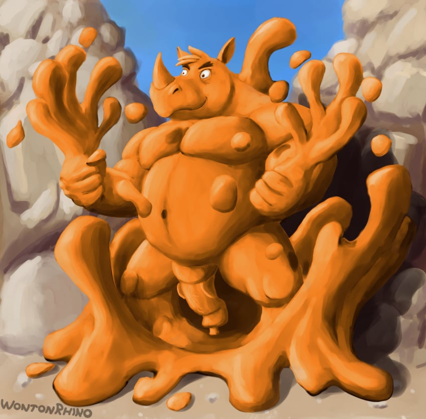 anatomically_correct anatomically_correct_genitalia anatomically_correct_penis animal_genitalia animal_penis anthro belly big_belly clay clay_creature desert detailed_background fist flexing genitals goo_creature hi_res horn male male_focus mammal melting moobs musclegut muscular navel nude_male orange_body orange_penis overweight overweight_male penis rhino_penis rhinoceros rock sky slightly_chubby slime smile solo wonton_(wontonrhino) wontonrhino