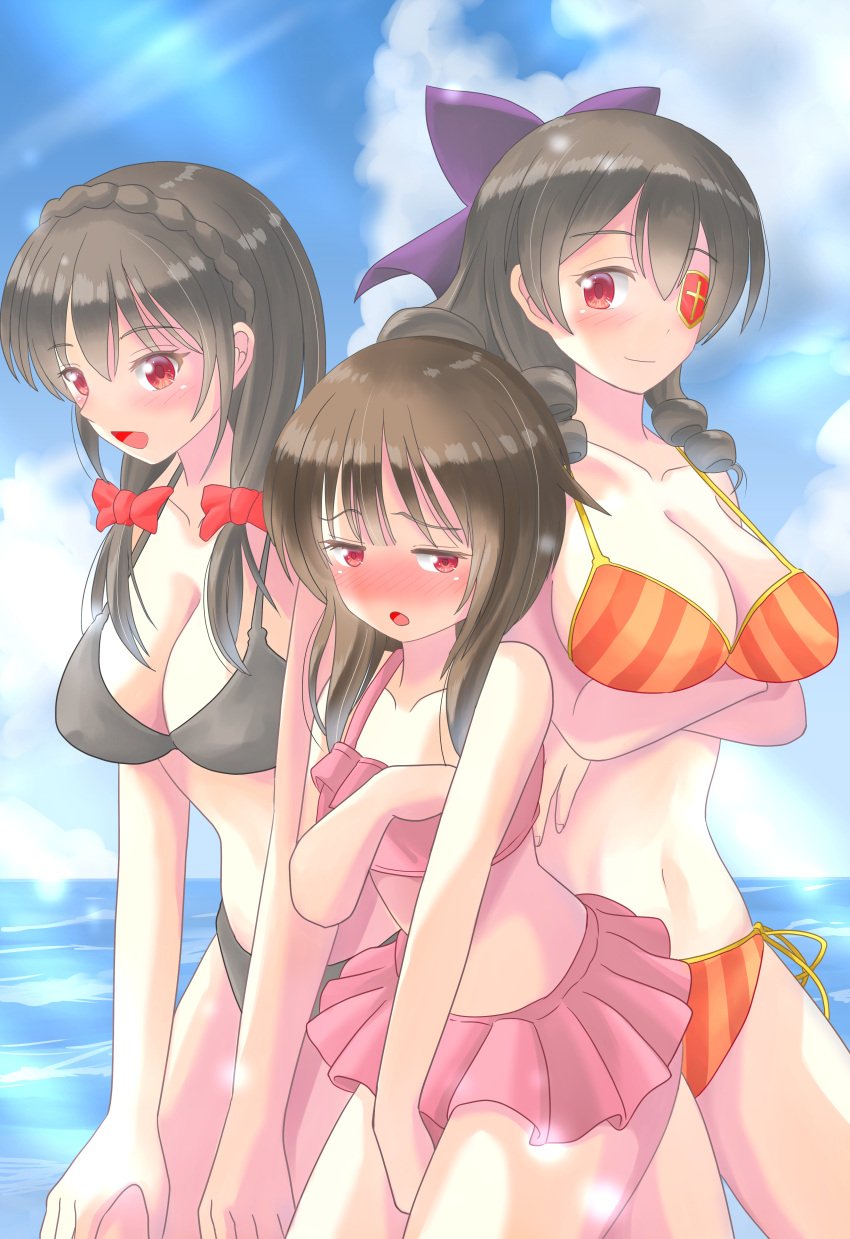 3girls arue_(konosuba) beach brown_hair eyepatch kono_subarashii_sekai_ni_shukufuku_wo! large_breasts long_hair megumin red_eyes ribbon short_hair swimsuit tagme yunyun_(konosuba)