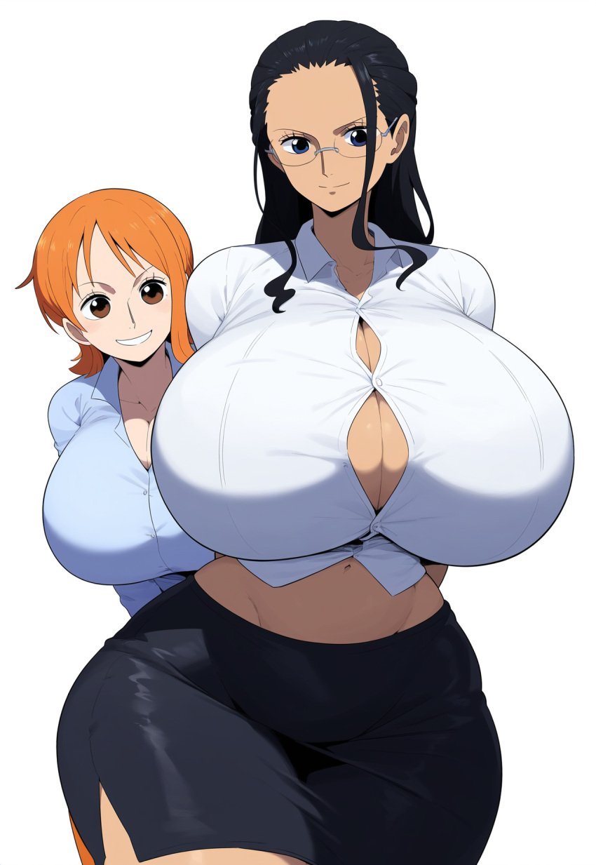 ai_generated artist_request black_hair buttoned_shirt cleavage female female_only lubbasdump nami nami_(classic) nami_(one_piece) nico_robin office office_clothing office_lady one_piece orange_hair pre-timeskip skin_tight skirt smiling wide_hips