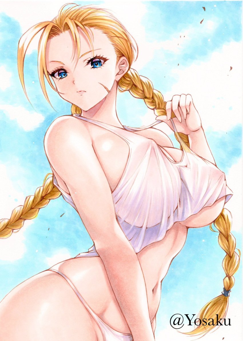 bare_shoulders blonde_hair blue_eyes braid breasts cammy_white covered_erect_nipples female highres huge_breasts large_breasts long_hair looking_at_viewer midriff navel no_bra panties scar see-through sideboob solo street_fighter tank_top twin_braids twitter_link underboob underwear white_panties yosaku_vs_hina