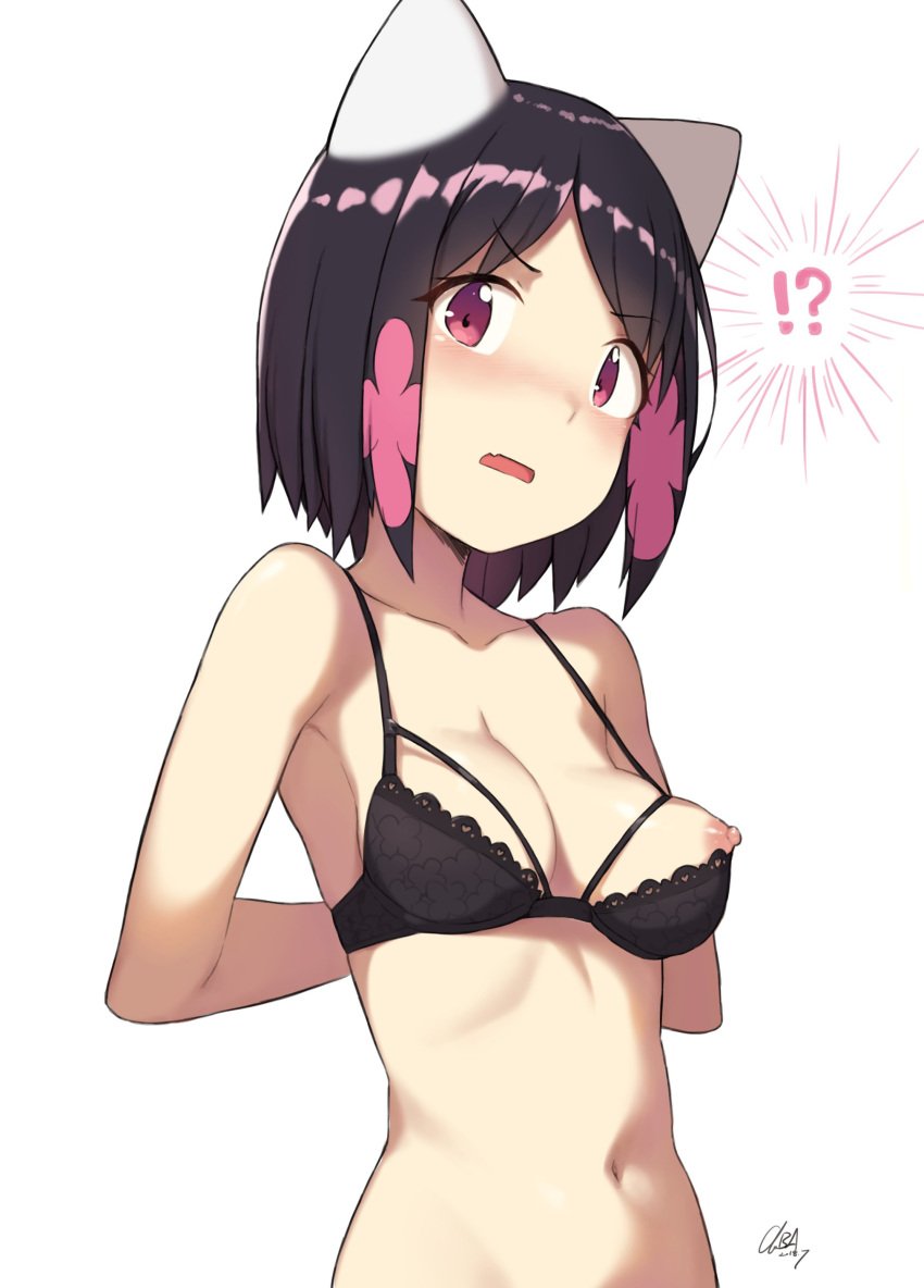 ! !? 1girls 2018 ? absurdres adjusting_bra animal_ears arms_behind_back artist_name bad_id bad_twitter_id bare_shoulders black_bra black_hair blush bra breasts cleavage cloba color colored commentary dark_hair dressing embarrassed exclamation_point exposed_nipple exposed_nipples eyebrows_visible_through_hair female female_only flesh_fang hands_behind_head highres inactive_account lace lace-trimmed_bra lace_trim light-skinned light-skinned_female light_skin medium_breasts mouth_fang navel nipple nipple_slip nipples oerba_yun_fang one_breast_out only_female original pink_eyes player_2_(cloba) question_mark removing_bra short_hair shoulders simple_background skin_fang skindentation solid_color_background solo solo_female solo_focus surprised surprised_expression two_tone_hair underwear underwear_only undressing upper_body wardrobe_malfunction white_background