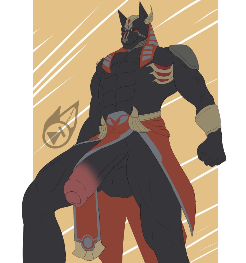 anubis anubis_reaper anus balls bara big_penis black_balls gay hi_res large_penis male_only muscular muscular_male overwatch overwatch_2 pecs reaper red_eyes simple_background solo_male