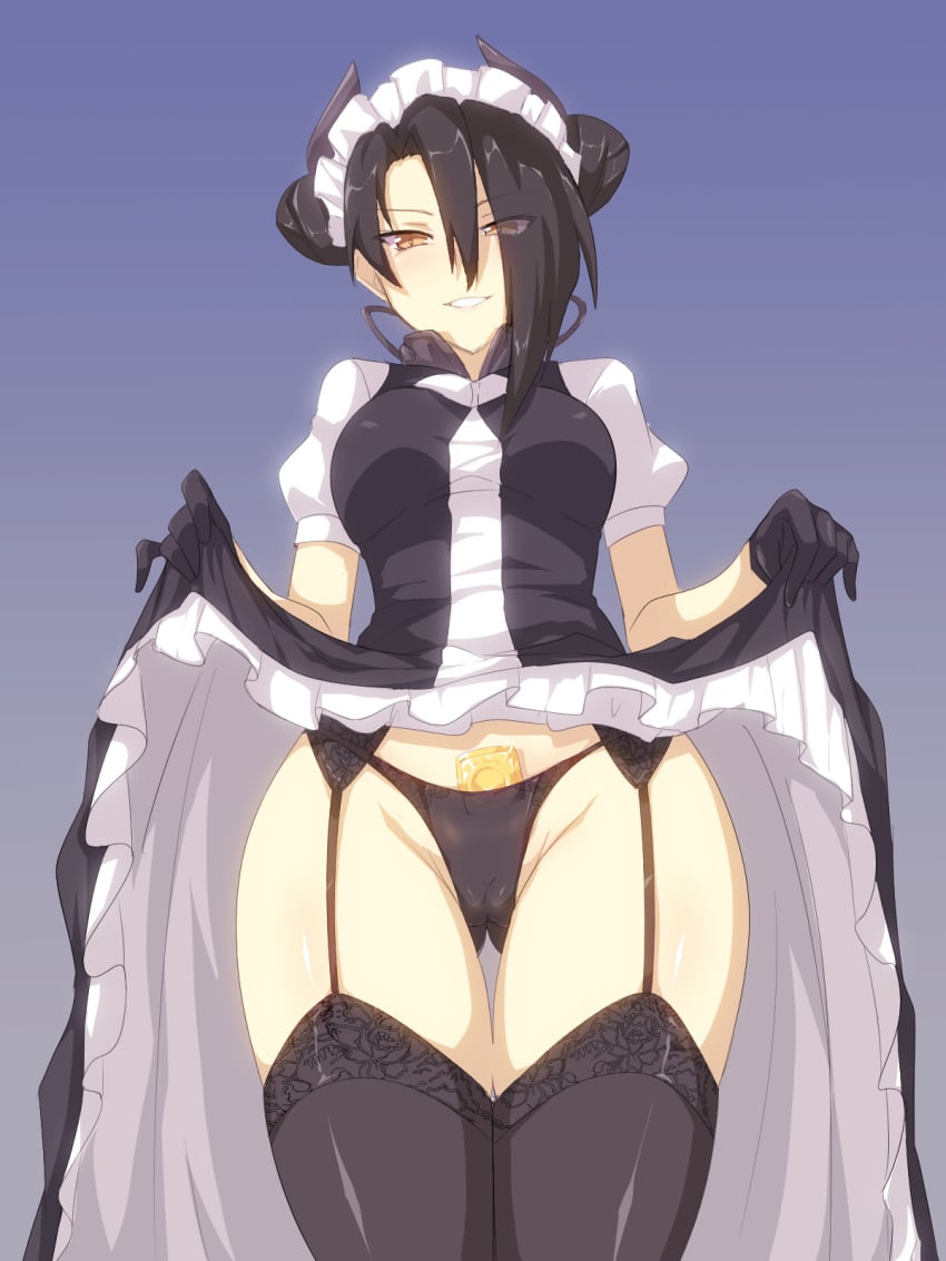 agent_(girls'_frontline) asymmetrical_hair black_dress black_gloves black_hair black_legwear black_panties breasts brown_eyes cameltoe condom condom_in_clothes condom_wrapper double_bun dress female frilled_dress frills from_below garter_belt girls'_frontline gloves highres maid_headdress medium_breasts panties puffy_short_sleeves puffy_sleeves sangue_llia sangvis_ferri short_sleeves solo standing thighhighs underwear