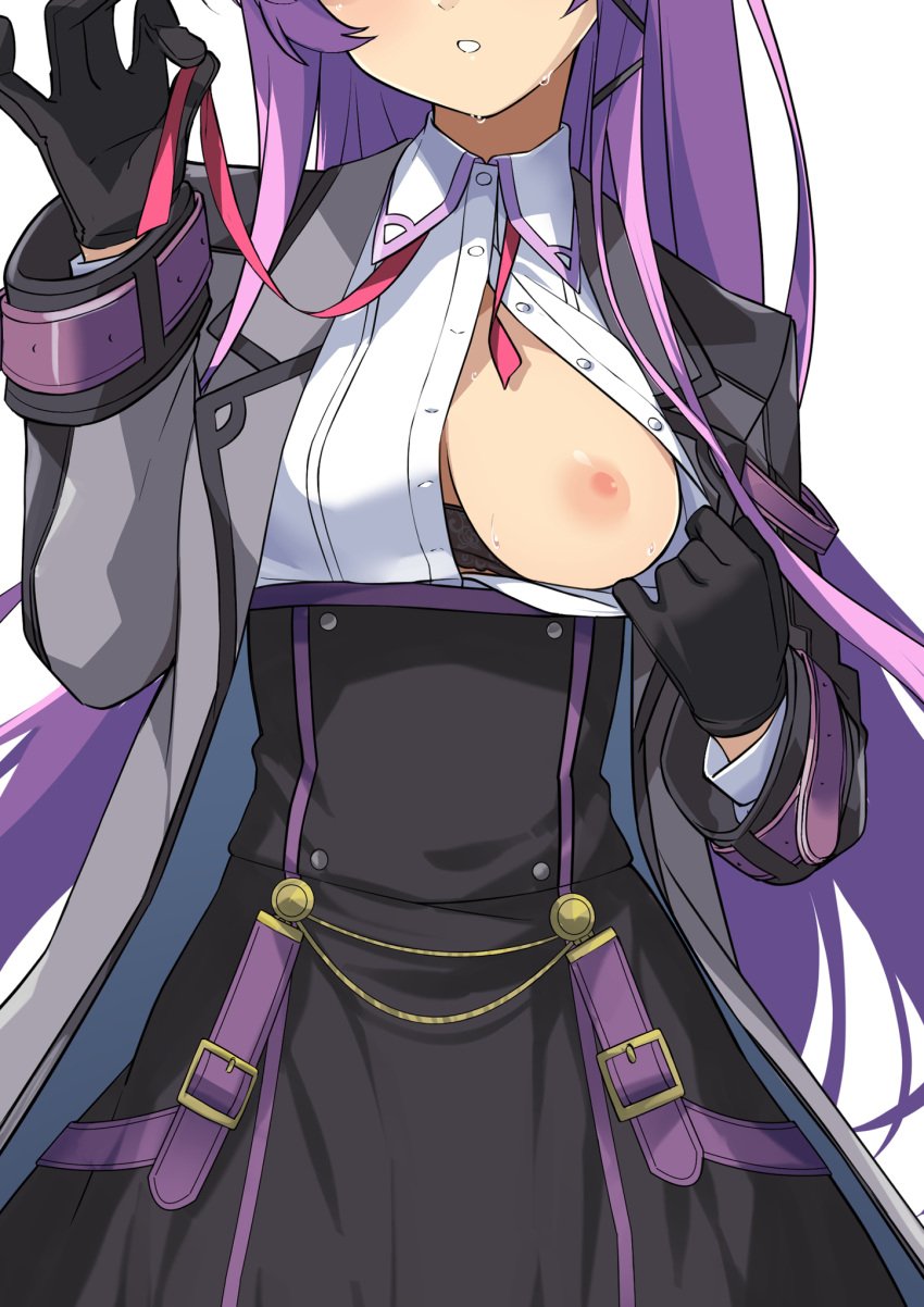 blush bra_pull eiyuu_densetsu eyes_out_of_frame female_focus flashing kuro_no_kiseki kuro_no_kiseki_ii large_breasts long_hair morisobo one_breast_out open_shirt purple_hair renne_(eiyuu_densetsu) white_background