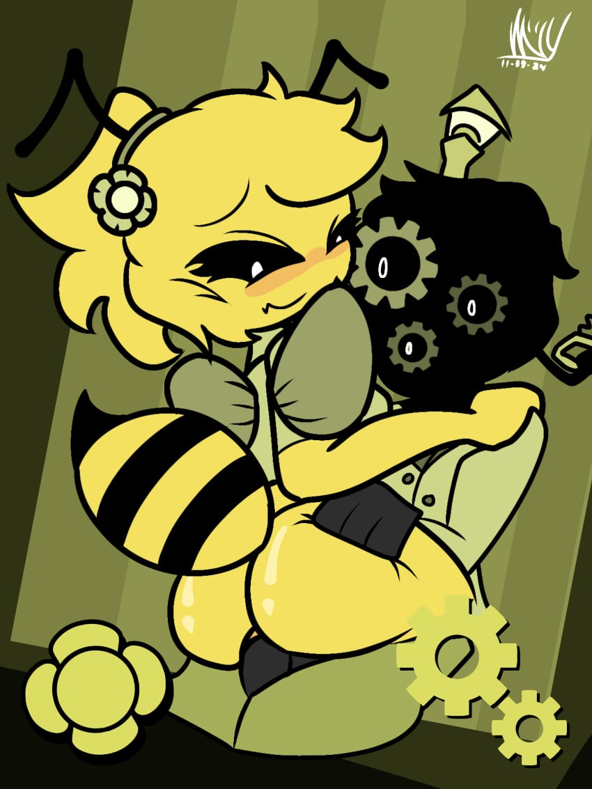 1boy1girl animal_humanoid bee bee_girl black_body blush blushing bug bweswees_bizznip colorbox_(mustard) cowgirl_position female_on_male fur fur_ass fur_breasts fur_thick_thighs furry gear grabbing_ass incredibox_mod looking_back male/female mod nervous sex simple_background tinky-tonks yellow_background yellow_body yellow_hair