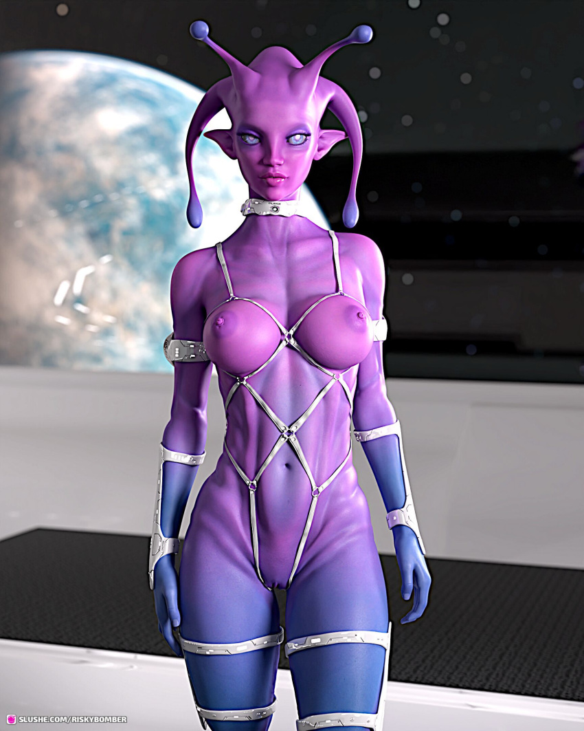 3d alien alien_girl athletic_female depth_of_field female front_view large_breasts looking_at_viewer nude nude_female purple_skin riskybomber sci-fi science_fiction slushe_(website) solo_female standing