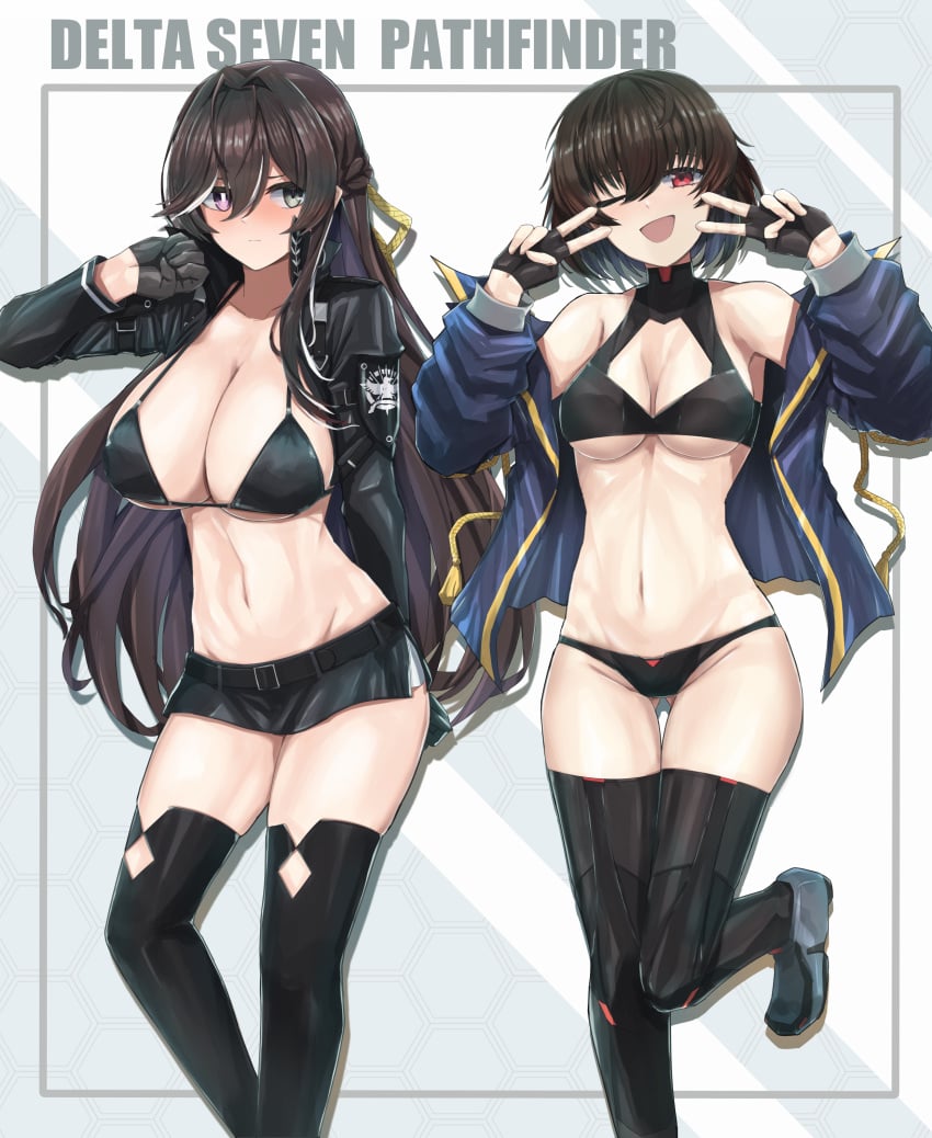 2girls ;d absurdres bare_shoulders belt bikini black_belt black_bikini black_gloves black_jacket black_thighhighs blue_jacket blush boob_window boots breasts bright_pupils brown_hair cleavage cleavage_cutout closed_eyes clothing_cutout collared_jacket commentary counter:side delta_seven_pathfinder diamond_cutout double_inward_v double_v embarrassed embarrassed_female emblem fingerless_gloves gloves gluteal_fold grey_background grey_eyes groin group_name hair_between_eyes half_gloves half_up_braid halterneck heterochromia highleg highleg_bikini highres honeycomb_(pattern) honeycomb_background jacket joo_shiyoung karin_wong large_breasts leg_up light_frown long_hair long_sleeves looking_at_another looking_at_viewer lowleg lowleg_skirt medium_breasts medium_hair microskirt msto multicolored_eyes multicolored_hair multiple_girls navel one_eye_closed open_clothes open_jacket open_mouth outside_border purple_eyes red_eyes sideways_glance skirt smile stomach streaked_hair swimsuit thighhighs underboob v v-sign victory_pose white_background white_hair white_pupils