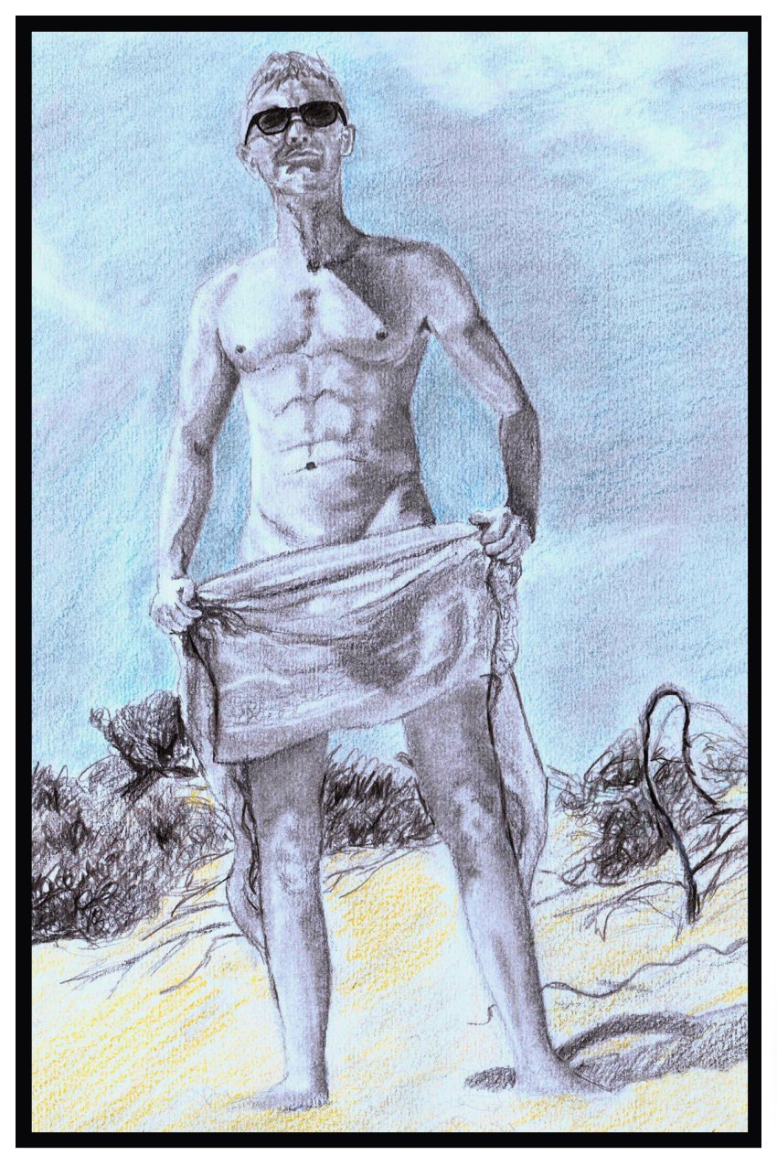 beach birthday_suit gay gay_male hand_drawn handdrawn handdrawn_art male male_only naked naked_male nude nude_male pencil pencil_(artwork) pencil_sketch self_upload sketches_by_adab towel_boy towel_only