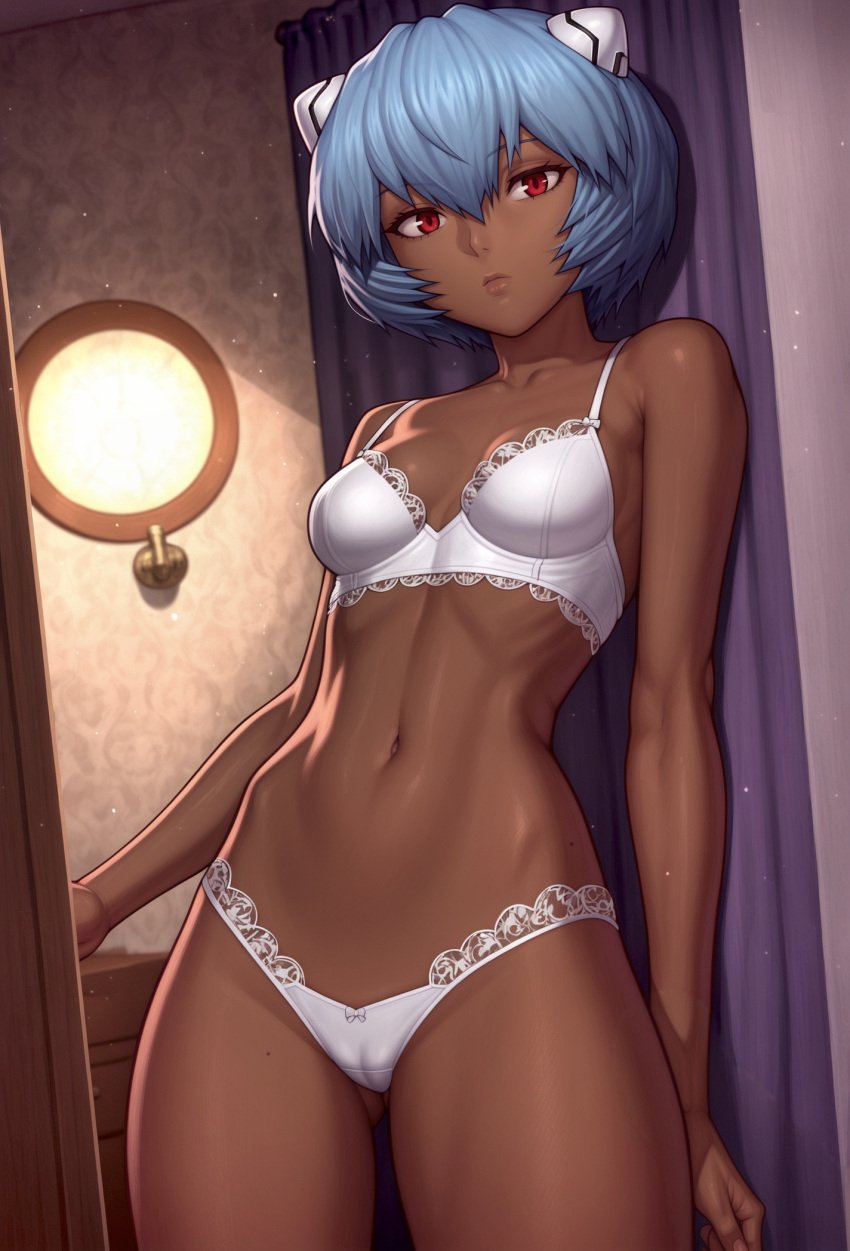 ai_generated ayanami_rei bangs bare_shoulders blue_hair bra breasts cameltoe closed_mouth clothing dark-skinned_female dark_skin female hair_between_eyes headgear indoors lamp lingerie lips looking_at_viewer medium_breasts mole navel neon_genesis_evangelion pantsu red_eyes short_hair small_breasts solo standing stomach thighs underwear underwear_only white_bra white_panties white_underwear