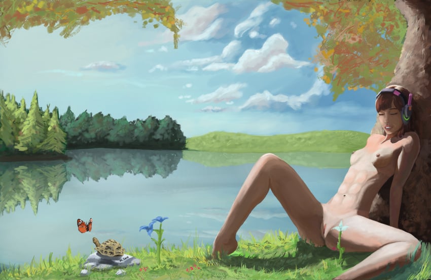 abs d.va grass_field headset moltenseal_(artist) nature_background nude overwatch shaved_pussy short_hair sitting sleeping small_breasts spread_legs tanline turtle