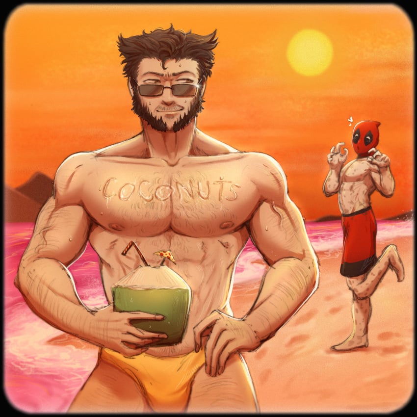 2boys baimonbluewhale body_writing deadpool gay hairy holding male_focus male_swimwear marvel marvel_comics muscular_male nipples pectorals red_mask short_hair sun sunglasses sweat wolverine_(x-men) x-men yaoi