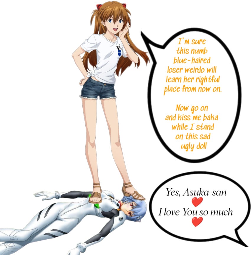 2girls asuka_langley_sohryu bad_art bare_legs barefoot blue_eyes blue_hair conversation cuckquean date dominant_female english_text feet feet_on_face femdom funny happy happy_dom human_furniture humiliation jeans_shorts long_hair mocking neon_genesis_evangelion open_smile orange_hair plugsuit red_eyes rei_ayanami sandals short_hair short_shorts shorts simple_background smile smiling smiling_at_viewer standing standing_on_another standing_on_face standing_on_person submissive_female t-shirt talking talking_to_viewer teasing toes tsundere white_t-shirt