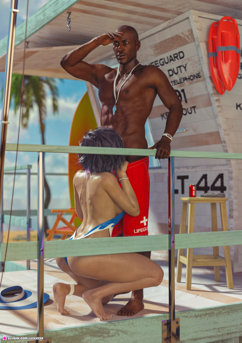 1boy 1boy1girl 1girls 3d beach dark-skinned_male dark_skin depth_of_field fellatio female interracial large_breasts lexx228 male one-piece_swimsuit oral outdoor outdoors outside slushe_(website) straight tan_skin