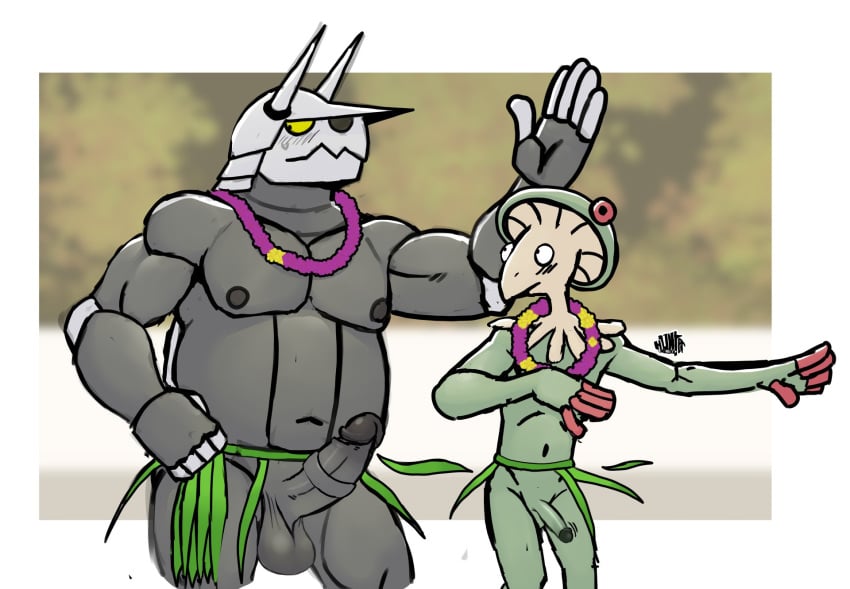 abs aggron anthro barefoot beach belly biceps big_muscles biped bodily_fluids breloom circumcised clothed clothing curtis_sara_taylor dancing duo erection feet femboy flower flower_necklace forced forced_exposure gay_panic generation_3_pokemon genitals grass_skirt green_body green_scales grey_body grey_scales hawaiian hi_res hula hula_dancer hula_dancing hunter-husky lei luau male male/male musclegut muscular muscular_male navel nintendo nipples non-mammal_nipples penis plant plantigrade pokemon pokemon_(species) pupils red_body red_scales scales scalie simple_background surprise surprised_expression sweat sweatdrop three-quarter_view topless topless_anthro topless_male torn_clothing trenton_liddle triceps wardrobe_malfunction yellow_sclera