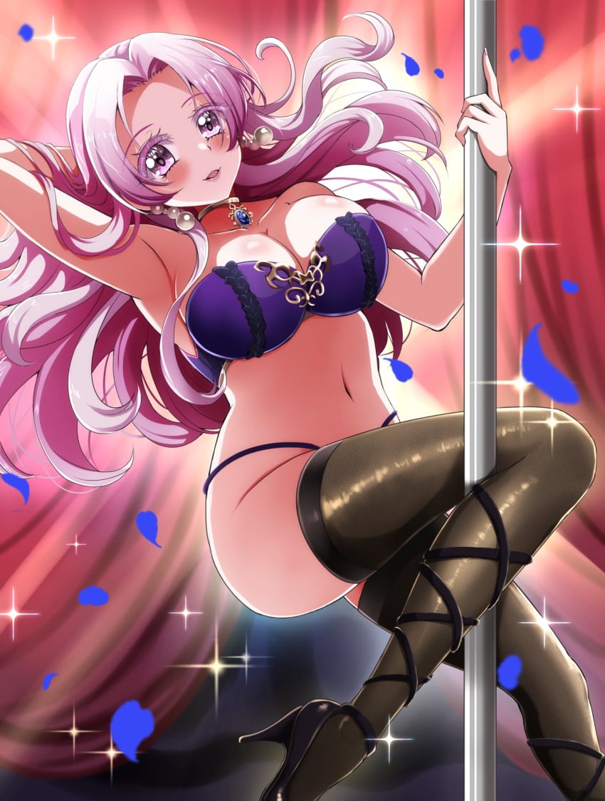 big_breasts bra d4dj high_heels panties petals pole_dancing spotlight stockings stripper_pole yano_hiiro yualo