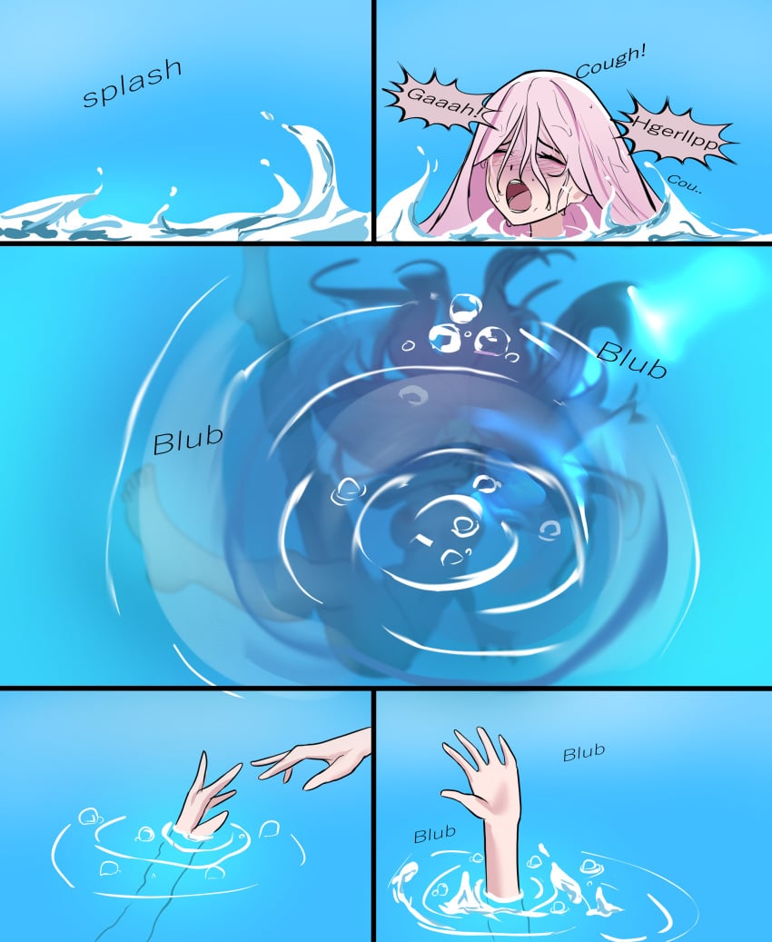 1girls air_bubbles drowning marima666_(artist) pink_hair submerged water