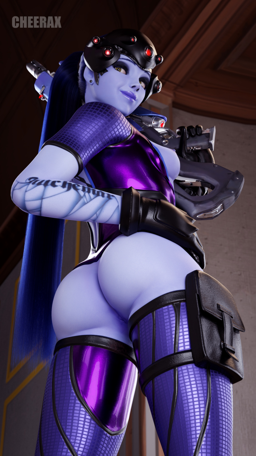 1girls 3d alternate_version_available arm_tattoo ass blizzard_entertainment blue_body blue_skin bodysuit cheerax english_text fanart female female_only gun holding_gun holding_object holding_rifle holding_weapon medium_breasts overwatch ponytail rifle slushe_(website) solo solo_female standing tattoo viewed_from_below widowmaker