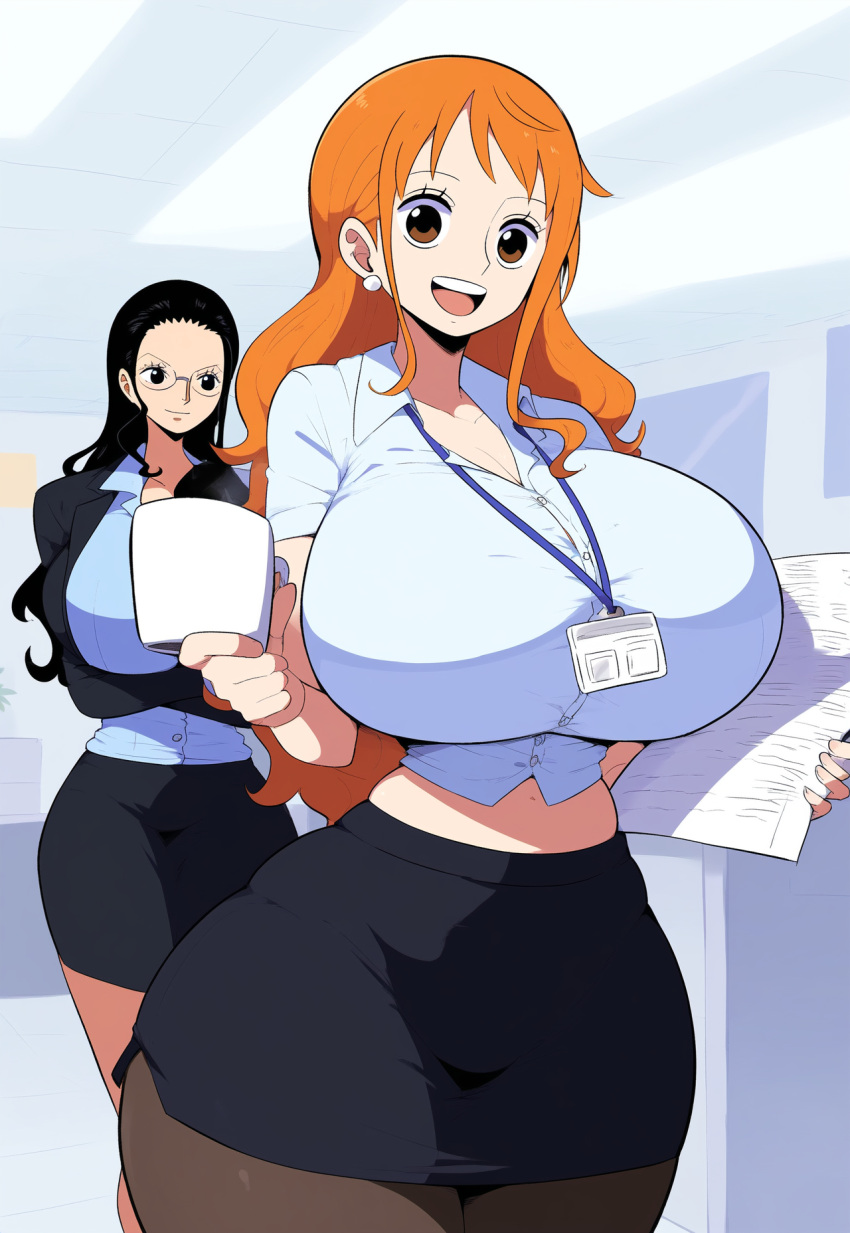 ai_generated artist_request female female_only gigantic_ass gigantic_breasts large_ass large_breasts lubbasdump massive_ass massive_breasts nami nami_(one_piece) nico_robin office office_clothing office_lady one_piece post-timeskip skin_tight skirt wide_hips