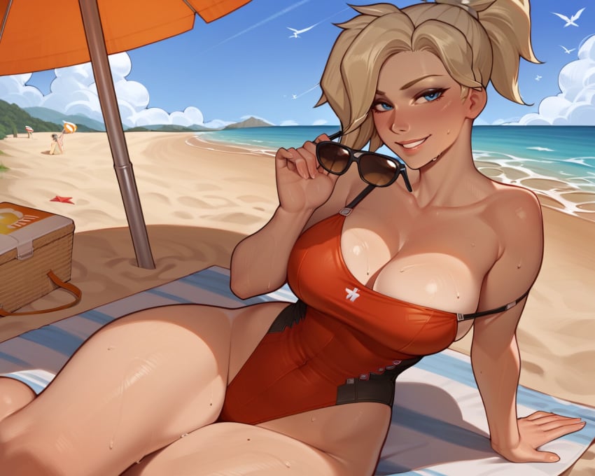 11_22 ai_generated angela_ziegler aviator_sunglasses beach blizzard_entertainment blonde_hair blue_eyes blush breasts cleavage eyewear eyewear_removed female female_focus female_only grin large_breasts large_thighs looking_at_viewer mercy ocean one_piece_swimsuit overwatch ponytail seductive_smile sitting strap_slip sweat sweaty thick_thighs thighs umbrella wide_hips