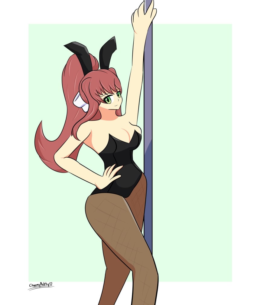 5_fingers arm_up artist_name bad_proportions bangs big_eyes black_bunny_ears black_bunnysuit black_leotard breasts bunnysuit cleavage curvy doki_doki_literature_club female female_only fishnet_legwear fishnet_pantyhose fishnets green_background green_eyes hair_bow hand_on_hip heart_after_text large_breasts leotard light-skinned_female light_skin long_legs low_neckline missyshadow monika_(doki_doki_literature_club) outside_border pantyhose pole pole_dancing ponytail sidelocks simple_background small_face solo thick_thighs white_border white_bow