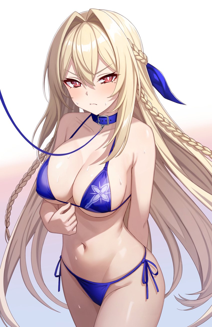 1girls absurdres armpit_crease bare_shoulders bikini blonde_hair blue_bikini blue_collar blue_leash blush blushing braid breasts chain_leash chains cleavage collar counter:side ecclesia_(counter:side) female frown hair_between_eyes hair_ribbon highres large_breasts leash leash_and_collar ll_0109 long_hair looking_at_viewer mole mole_under_eye mors_(counter:side) navel red_eyes ribbon simple_background solo sweat sweating swimsuit thighs white_background