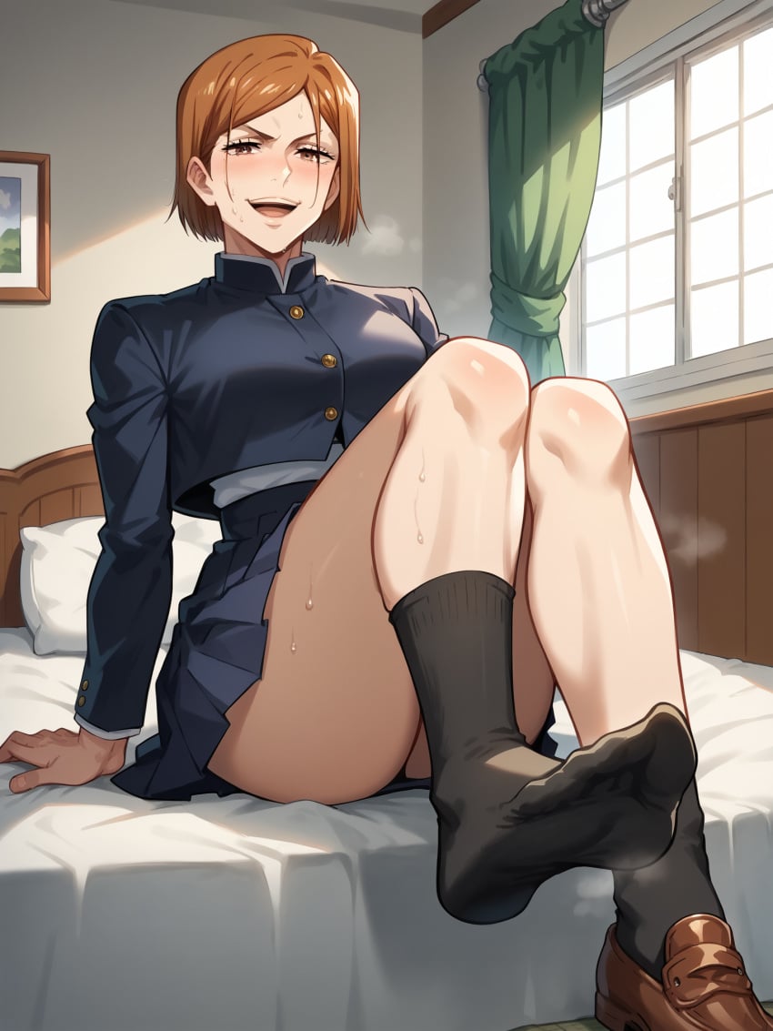 ai_generated ankle_socks anklehighs biznatch black_socks brown_loafers crew_socks feet foot_fetish foot_focus jujutsu_kaisen kugisaki_nobara loafers looking_at_viewer shoe_fetish shoe_removed shoes shoes_removed smell socks socks_and_shoes steamy_feet sweat sweaty_feet