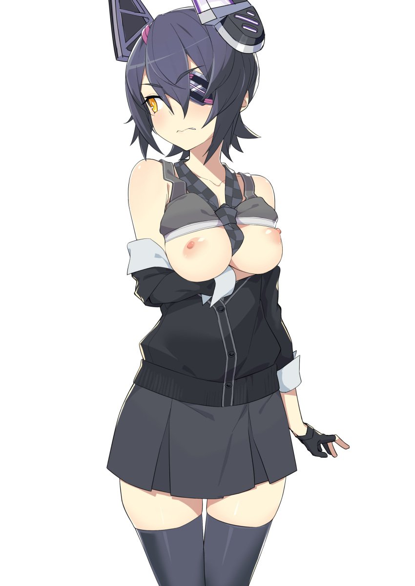 1girls blue_hair breasts_out embarrassed eyepatch female female_focus female_only kantai_collection large_breasts looking_away morisobo shirt_lift solo_female tenryuu_(kantai_collection) tie_between_breasts white_background yellow_eyes